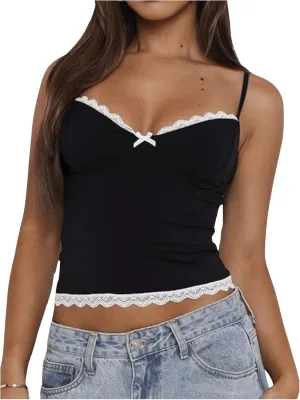 Women's Lace Bowknot Sweetheart Neck Camisole Tops Spaghetti Strap Slim Fit Crop Tank Top