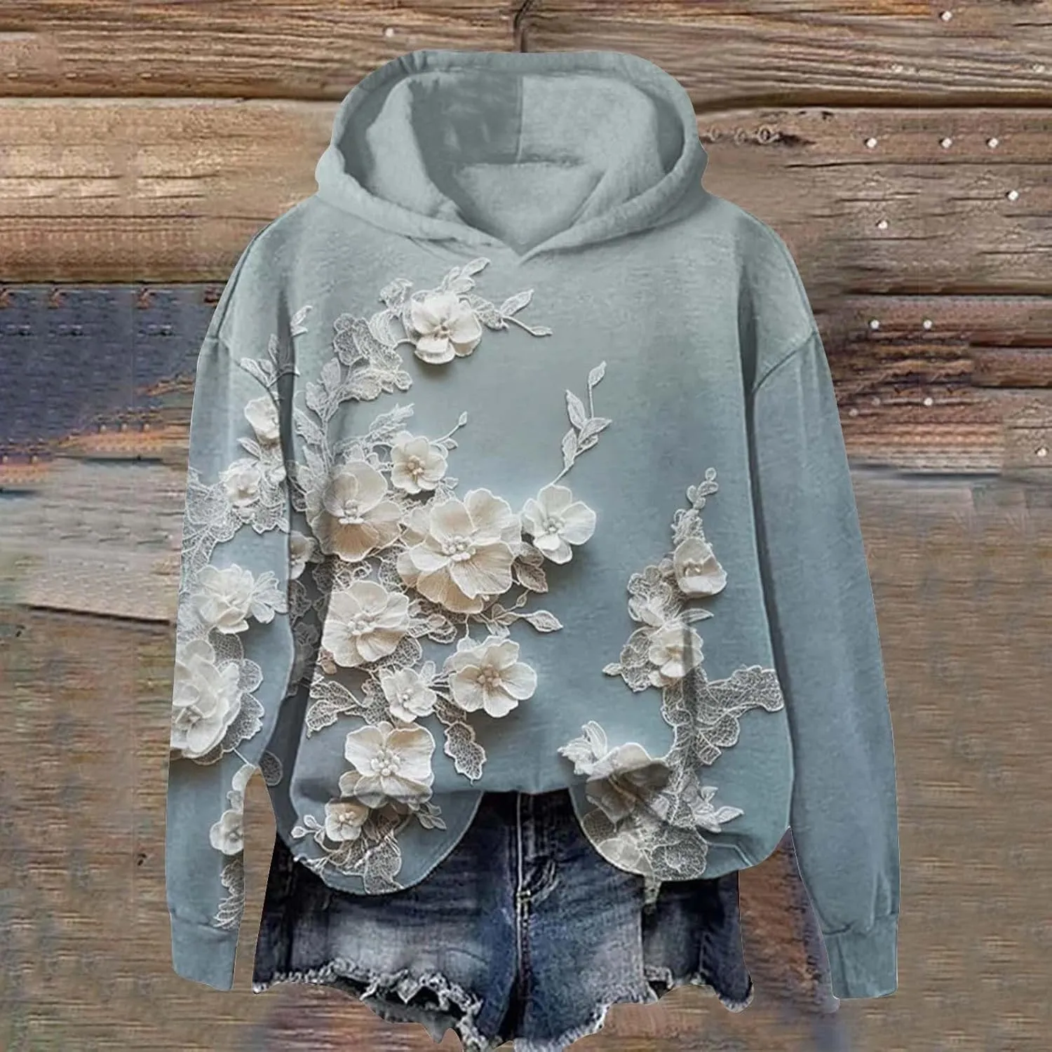 Women's Lace Floral Hoodie Oversized Pullover Sweatshirt Flowers Fleece Hoodie Cozy Lounge Winter Warm Hooded Top