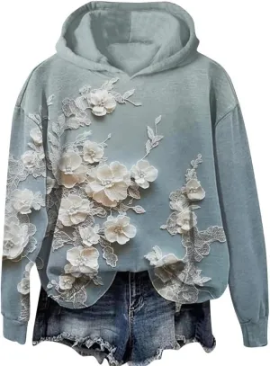 Women's Lace Floral Hoodie Oversized Pullover Sweatshirt Flowers Fleece Hoodie Cozy Lounge Winter Warm Hooded Top