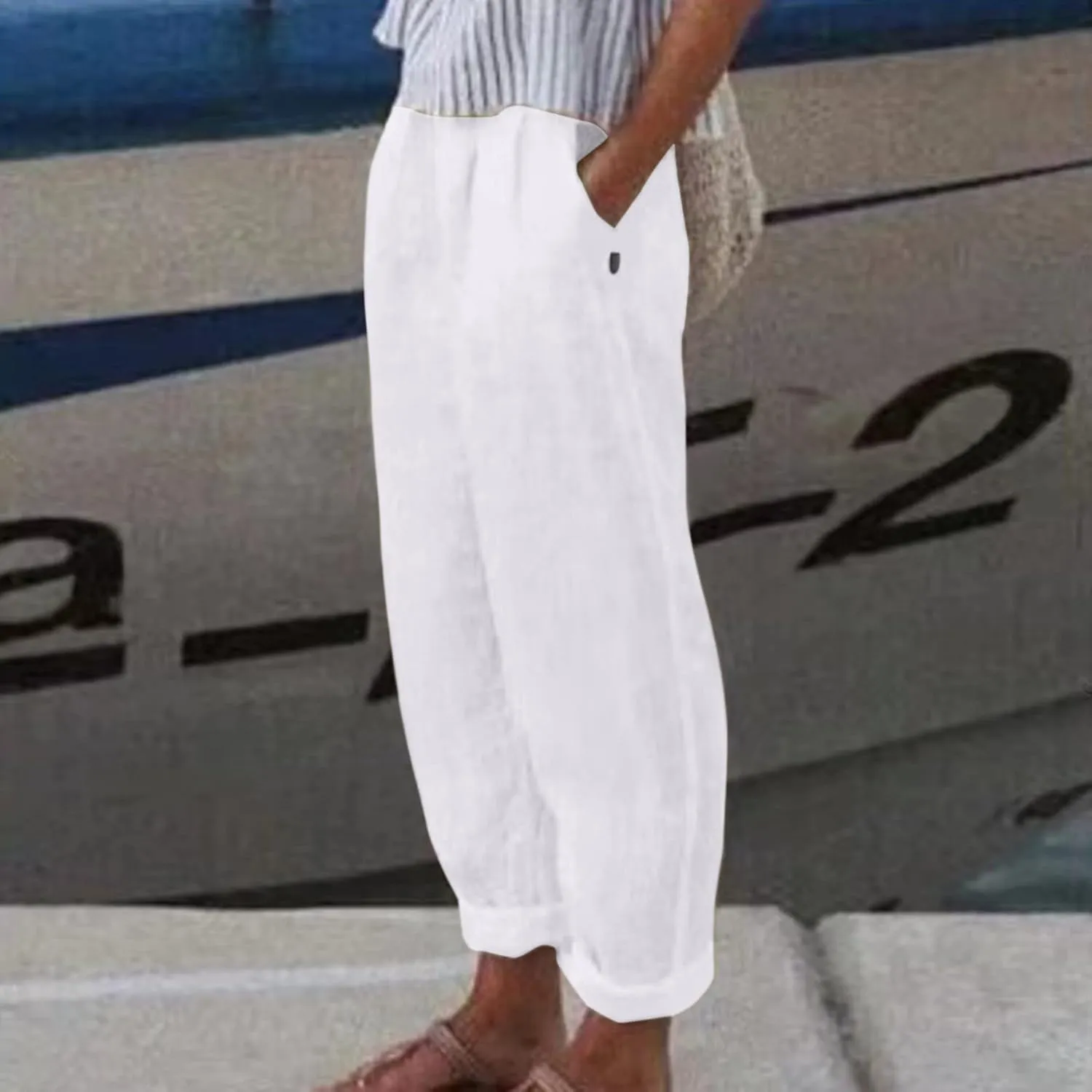 Womens Linen Summer Solid Pant Trousers High Waist Bootcut Loose Fit Pants Business Work