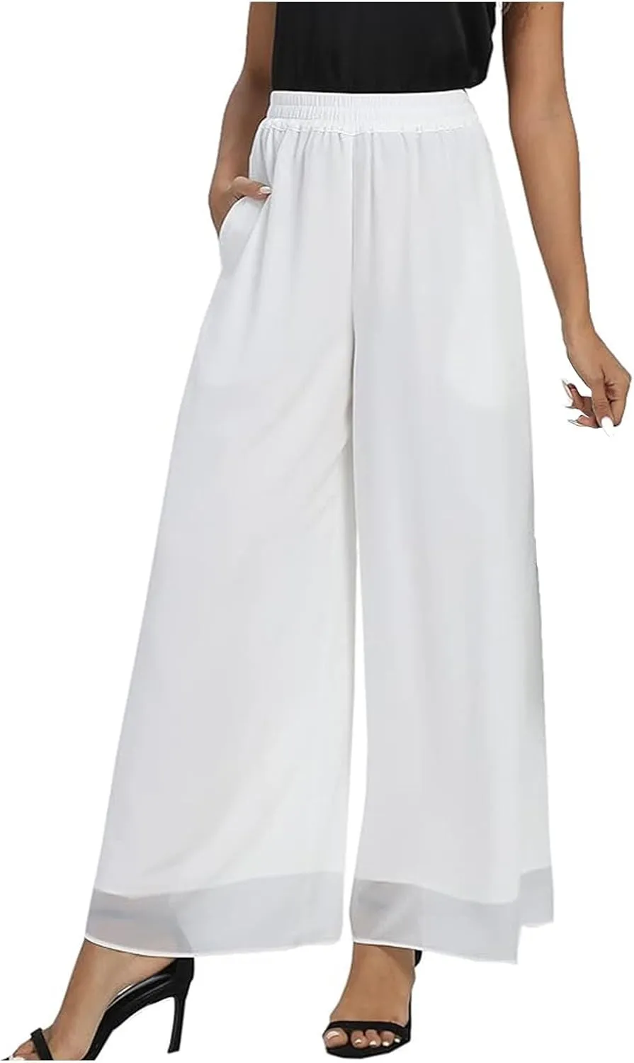 Womens Linen Summer Tie Knot Pants High Waist Stretchy Straight Plus Size Palazzo Pants Travel