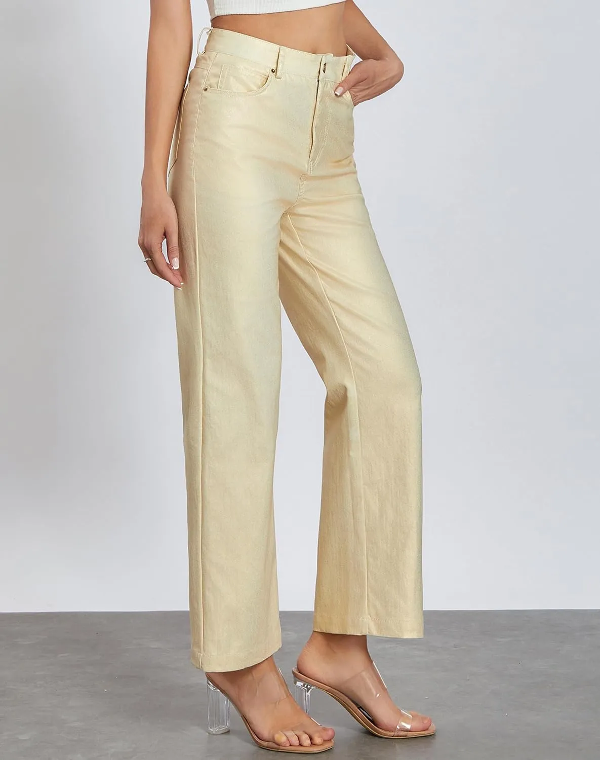 Women's Metallic Shiny Trouser Pants Solid High Waist Disco Straight Leg Y2k Trousers for Party Dance Clubwear