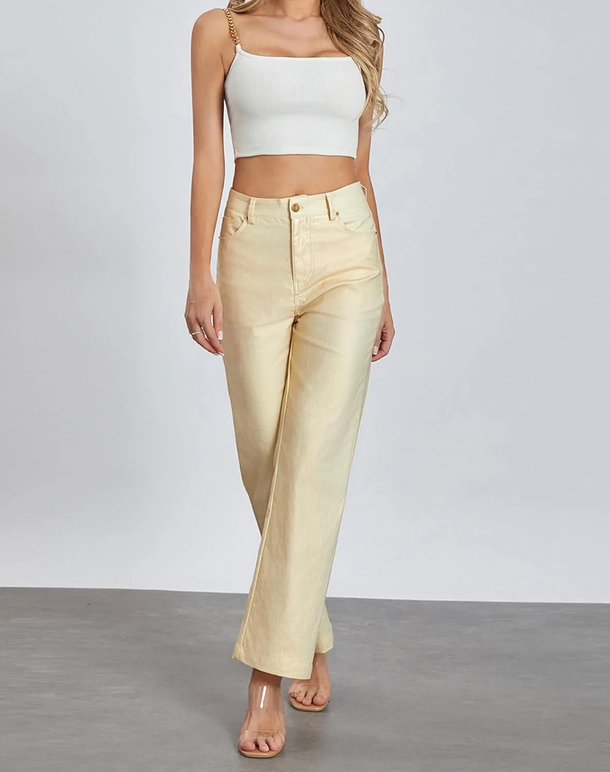 Women's Metallic Shiny Trouser Pants Solid High Waist Disco Straight Leg Y2k Trousers for Party Dance Clubwear