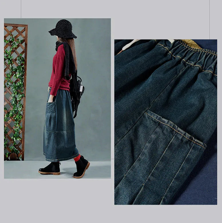 Women’s Mid-Length Denim Skirt with Pockets – Casual A-Line Style
