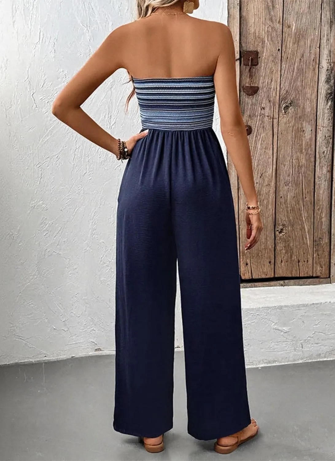 Women's Navy Blue Strapless Wide Leg Loose Fit Jumpsuit Casual Smocked Tube Top Sleeveless Summer Beach One Piece Romper