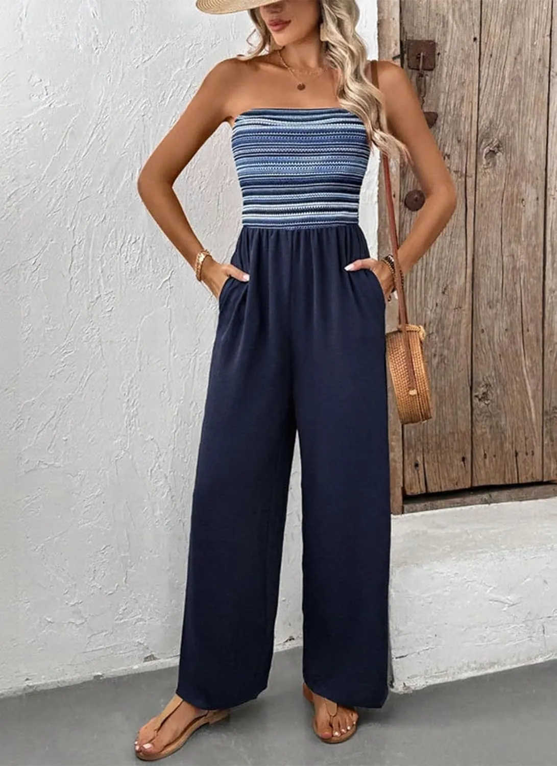 Women's Navy Blue Strapless Wide Leg Loose Fit Jumpsuit Casual Smocked Tube Top Sleeveless Summer Beach One Piece Romper