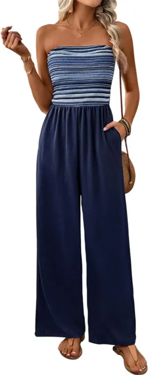 Women's Navy Blue Strapless Wide Leg Loose Fit Jumpsuit Casual Smocked Tube Top Sleeveless Summer Beach One Piece Romper