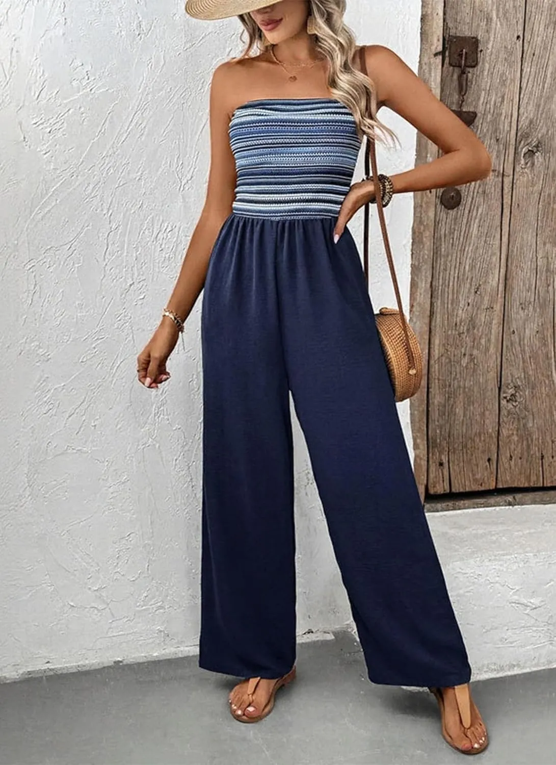Women's Navy Blue Strapless Wide Leg Loose Fit Jumpsuit Casual Smocked Tube Top Sleeveless Summer Beach One Piece Romper