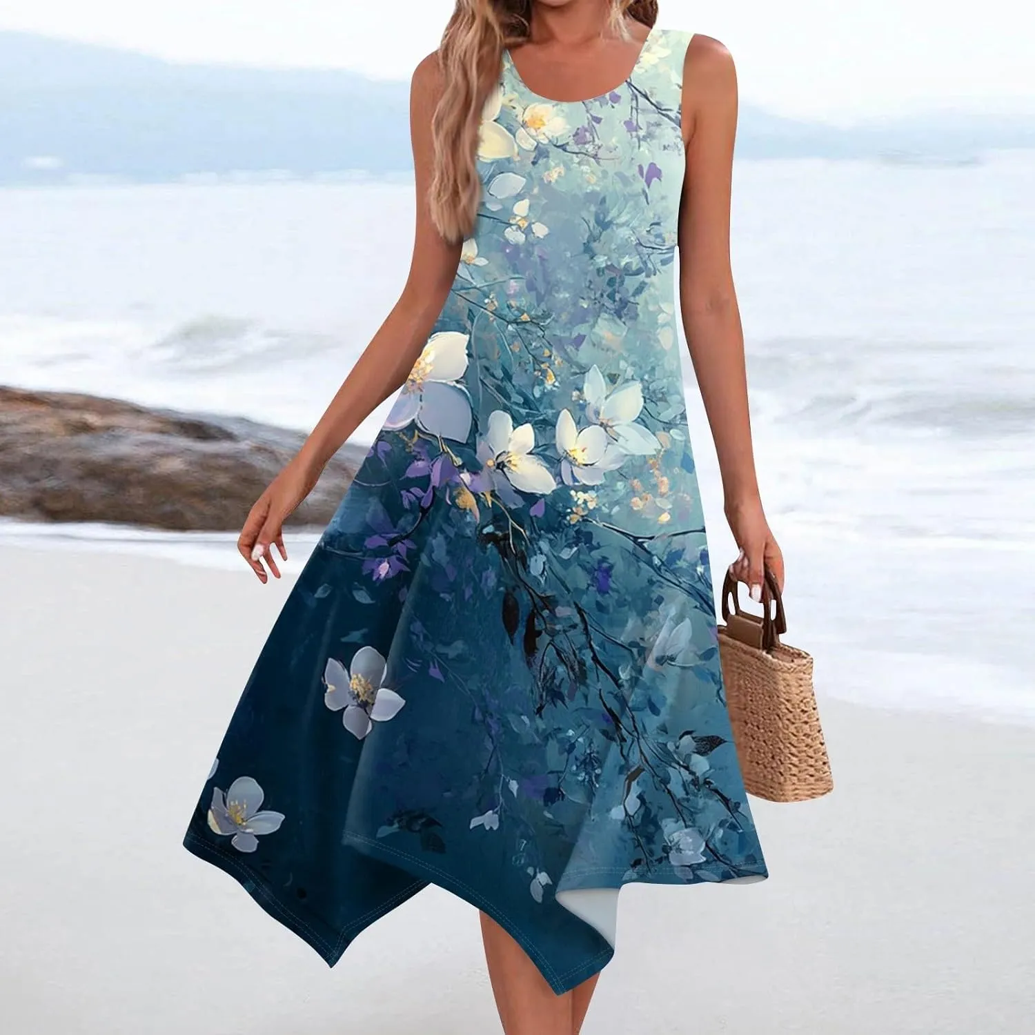 Womens Off Shoulder Sleeveless Midi Sundresses Smocked Flowy A Line Dress Formal Plus Size Casual Floral Tank Dress