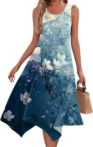 Womens Off Shoulder Sleeveless Midi Sundresses Smocked Flowy A Line Dress Formal Plus Size Casual Floral Tank Dress