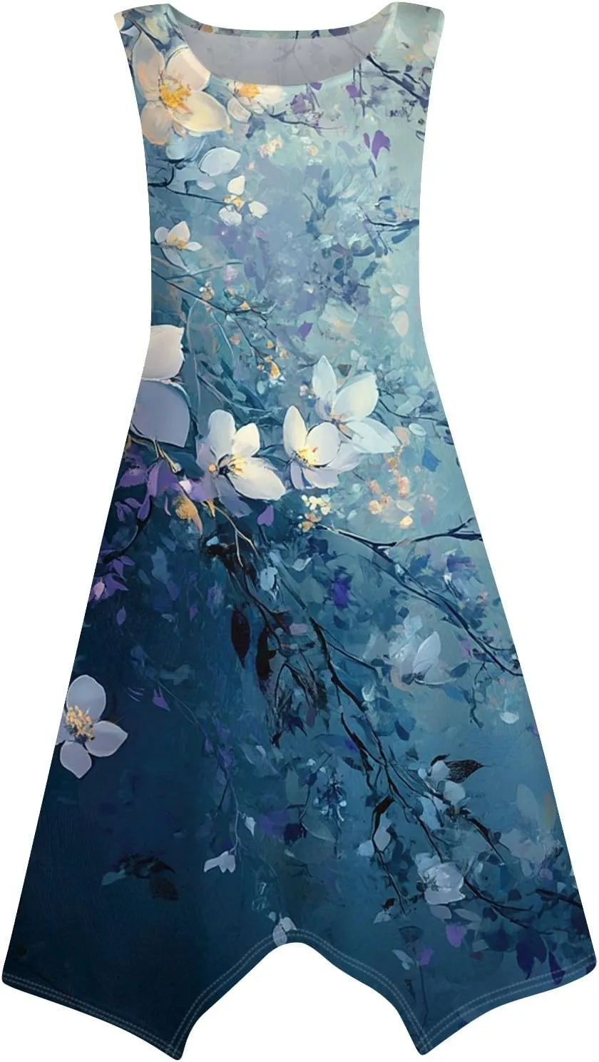 Womens Off Shoulder Sleeveless Midi Sundresses Smocked Flowy A Line Dress Formal Plus Size Casual Floral Tank Dress