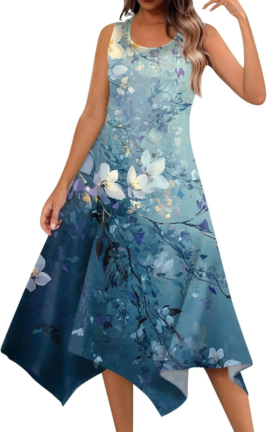 Womens Off Shoulder Sleeveless Midi Sundresses Smocked Flowy A Line Dress Formal Plus Size Casual Floral Tank Dress