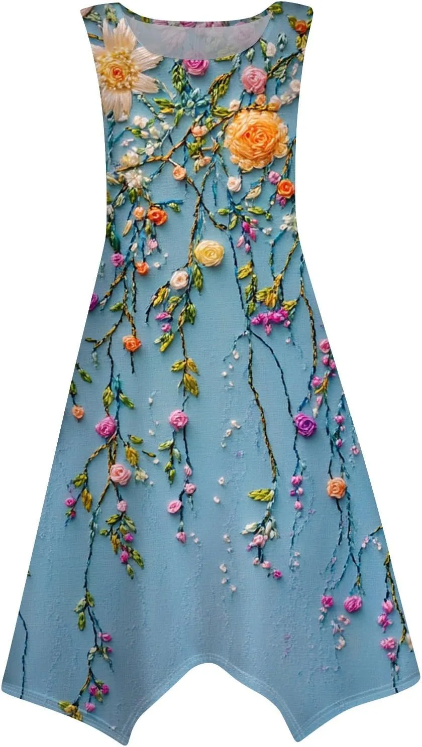 Womens Off Shoulder Sleeveless Midi Sundresses Smocked Flowy A Line Dress Formal Plus Size Casual Floral Tank Dress