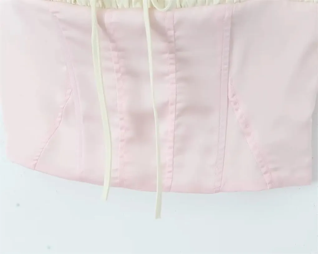 Women's Patchwork Contrast Bow Embellished Pleated Slim-Fit Camisole