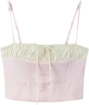 Women's Patchwork Contrast Bow Embellished Pleated Slim-Fit Camisole