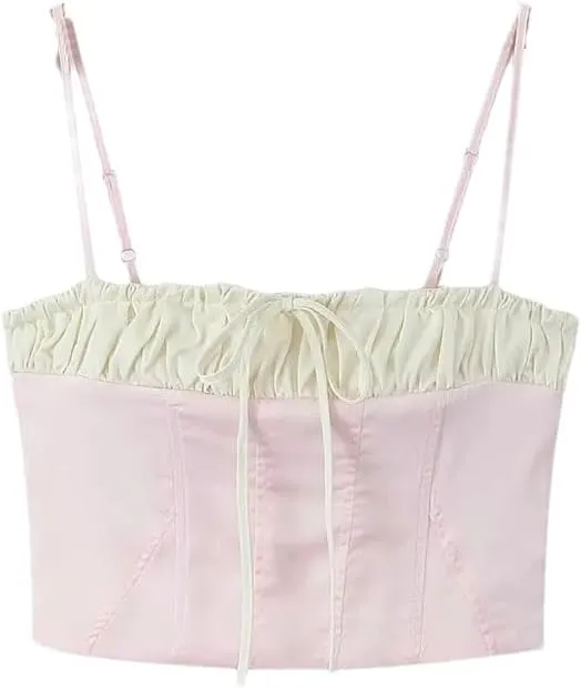 Women's Patchwork Contrast Bow Embellished Pleated Slim-Fit Camisole