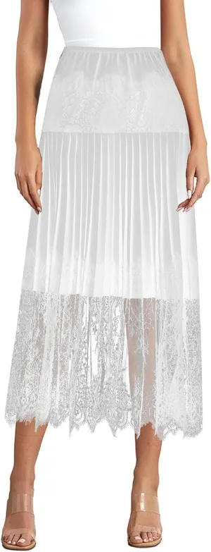 Women's Patchwork Floral Lace Hem Midi Skirt Elastic Waist Low Rise A Line Skirt Summer Casual Pleated Flowy Skirt