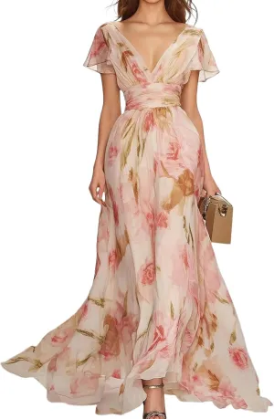 Women's Pink V-Neck Floral Print Slim Fit Short Sleeve Loose A-Line Maxi Dress Flowing Summer Dress for Daily Wear