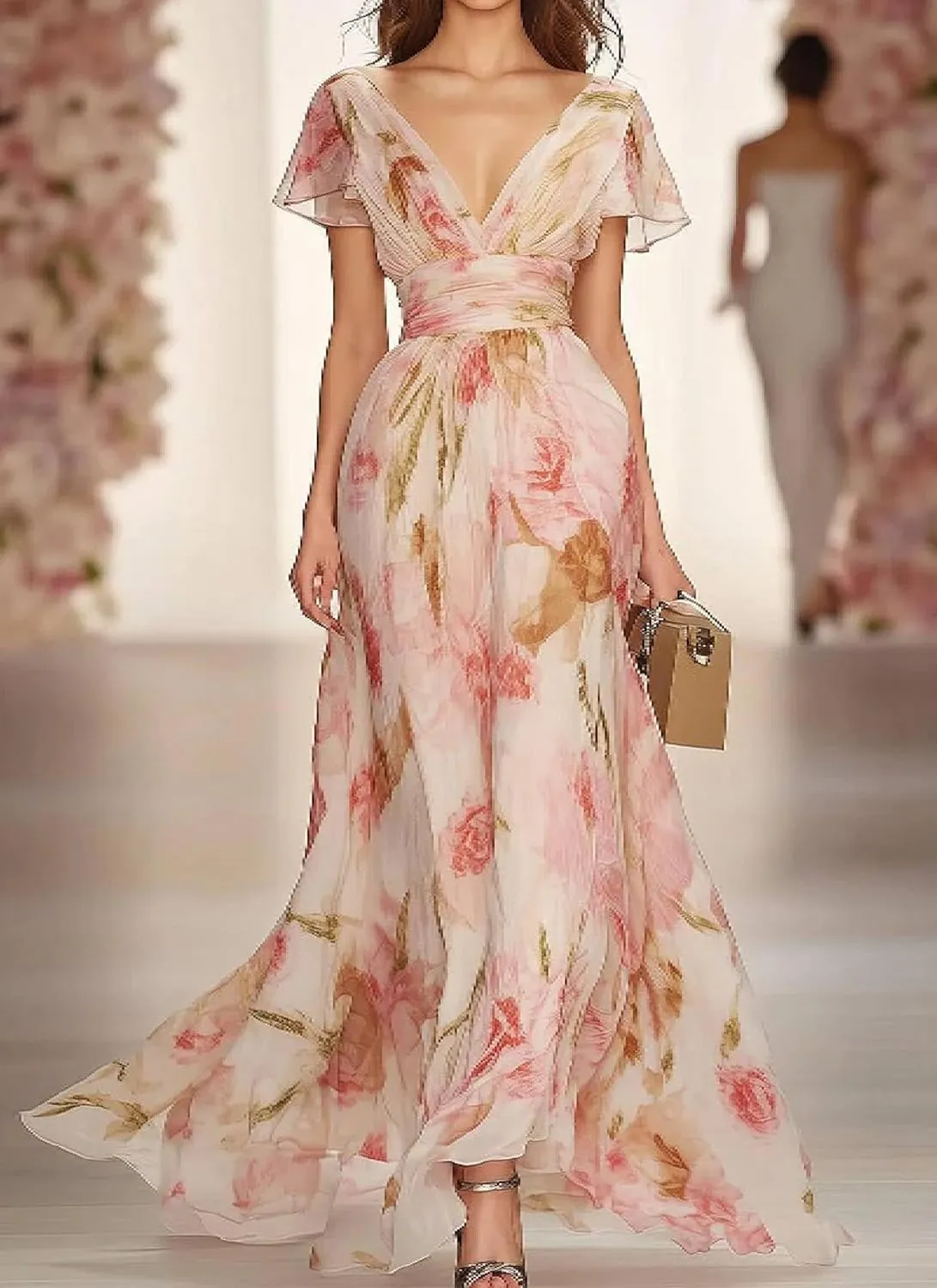 Women's Pink V-Neck Floral Print Slim Fit Short Sleeve Loose A-Line Maxi Dress Flowing Summer Dress for Daily Wear