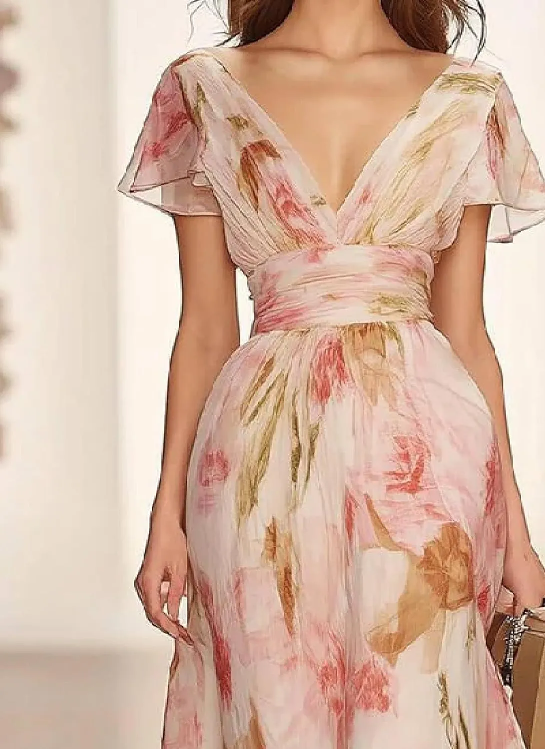 Women's Pink V-Neck Floral Print Slim Fit Short Sleeve Loose A-Line Maxi Dress Flowing Summer Dress for Daily Wear