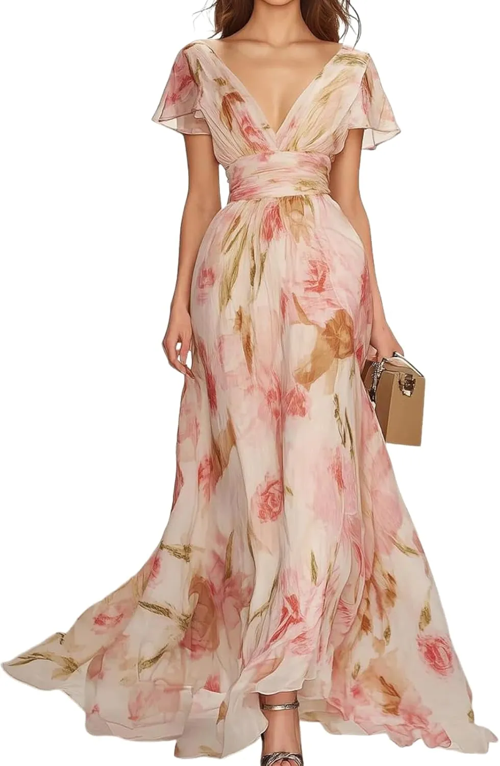 Women's Pink V-Neck Floral Print Slim Fit Short Sleeve Loose A-Line Maxi Dress Flowing Summer Dress for Daily Wear