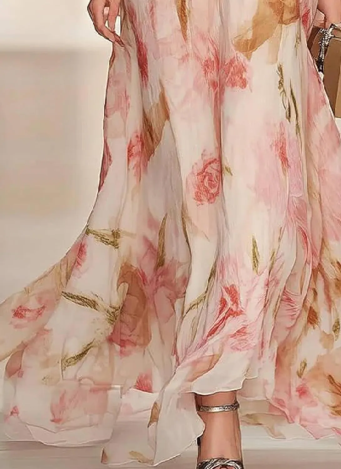 Women's Pink V-Neck Floral Print Slim Fit Short Sleeve Loose A-Line Maxi Dress Flowing Summer Dress for Daily Wear