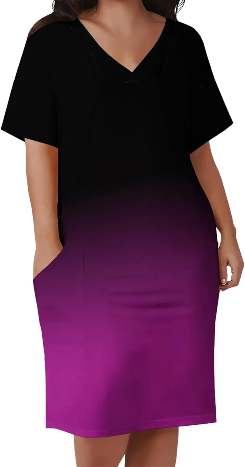 Women's Plus Size Summer Midi Dress Casual Short Sleeve Beach Baggy Long Dresses with Pocket