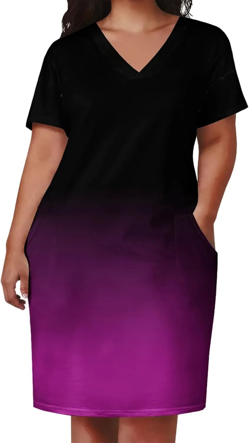 Women's Plus Size Summer Midi Dress Casual Short Sleeve Beach Baggy Long Dresses with Pocket