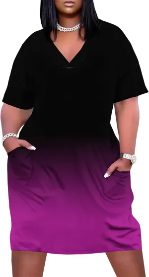 Women's Plus Size Summer Midi Dress Casual Short Sleeve Beach Baggy Long Dresses with Pocket