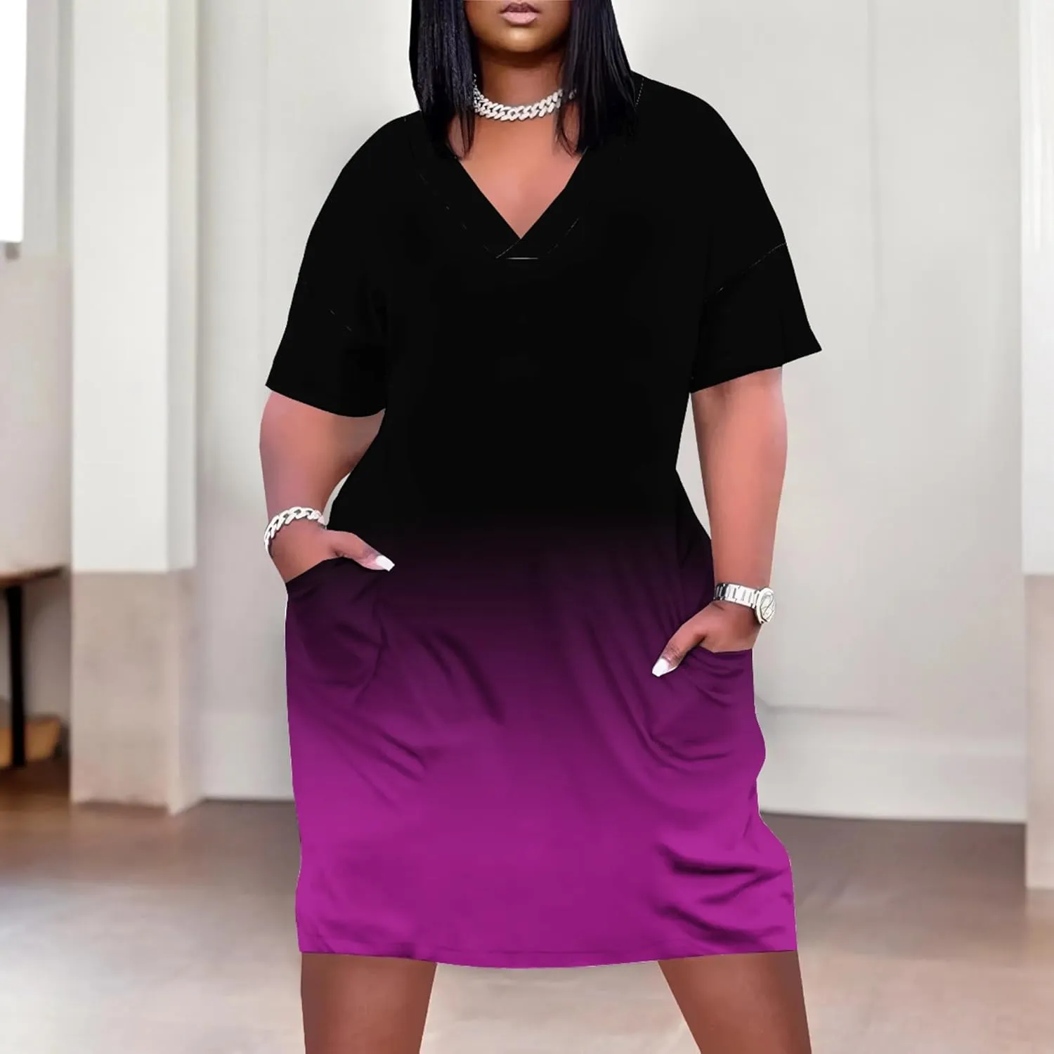 Women's Plus Size Summer Midi Dress Casual Short Sleeve Beach Baggy Long Dresses with Pocket