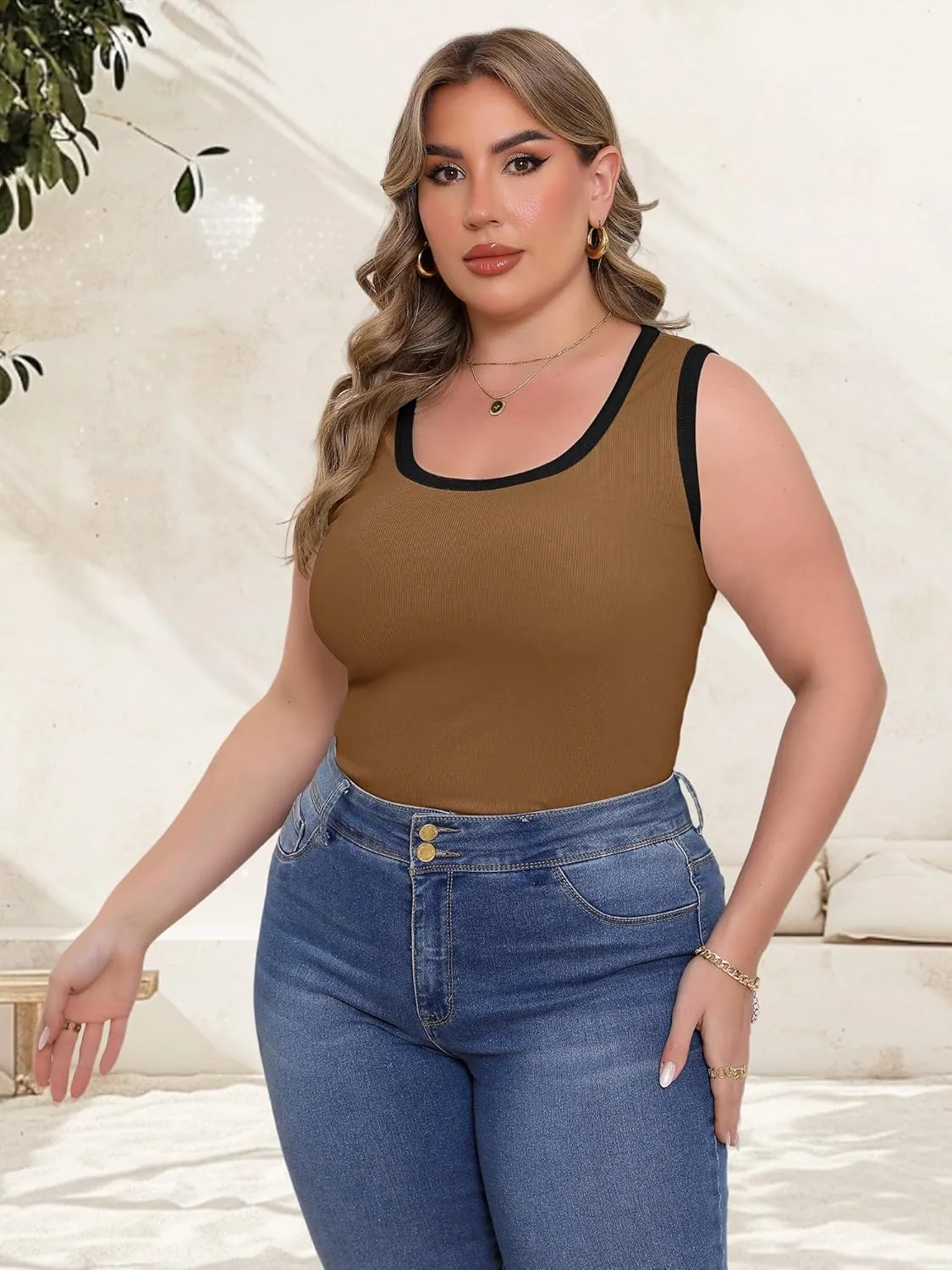 Women's Plus Size Tank Tops Summer Sleeveless Scoop Neck Cami Top Shirt Ribbed Knit Basic Casual Racerback Blouse