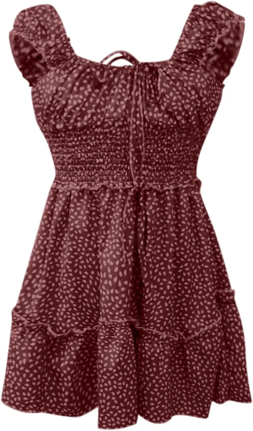 Womens Ruffle Floral Mini Sundress 2024 Summer Outdoor Vacation Travel Dress Square Neck Bohemia Style High Waisted Dresses