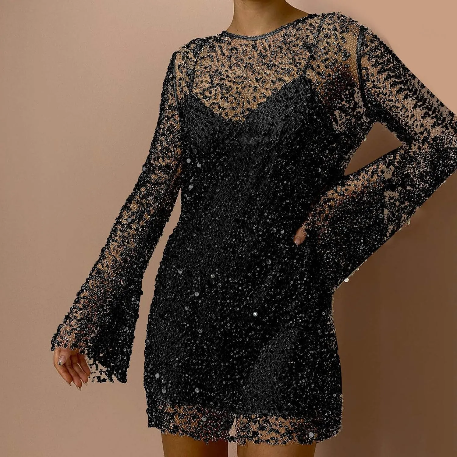 Women's Sequin Skirt Large and Small Beads See Through Mesh Two Piece Suspender Dress Casual Skirts for Women