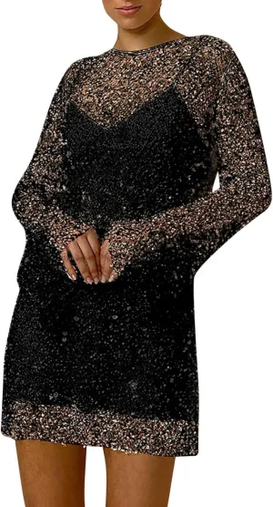 Women's Sequin Skirt Large and Small Beads See Through Mesh Two Piece Suspender Dress Casual Skirts for Women