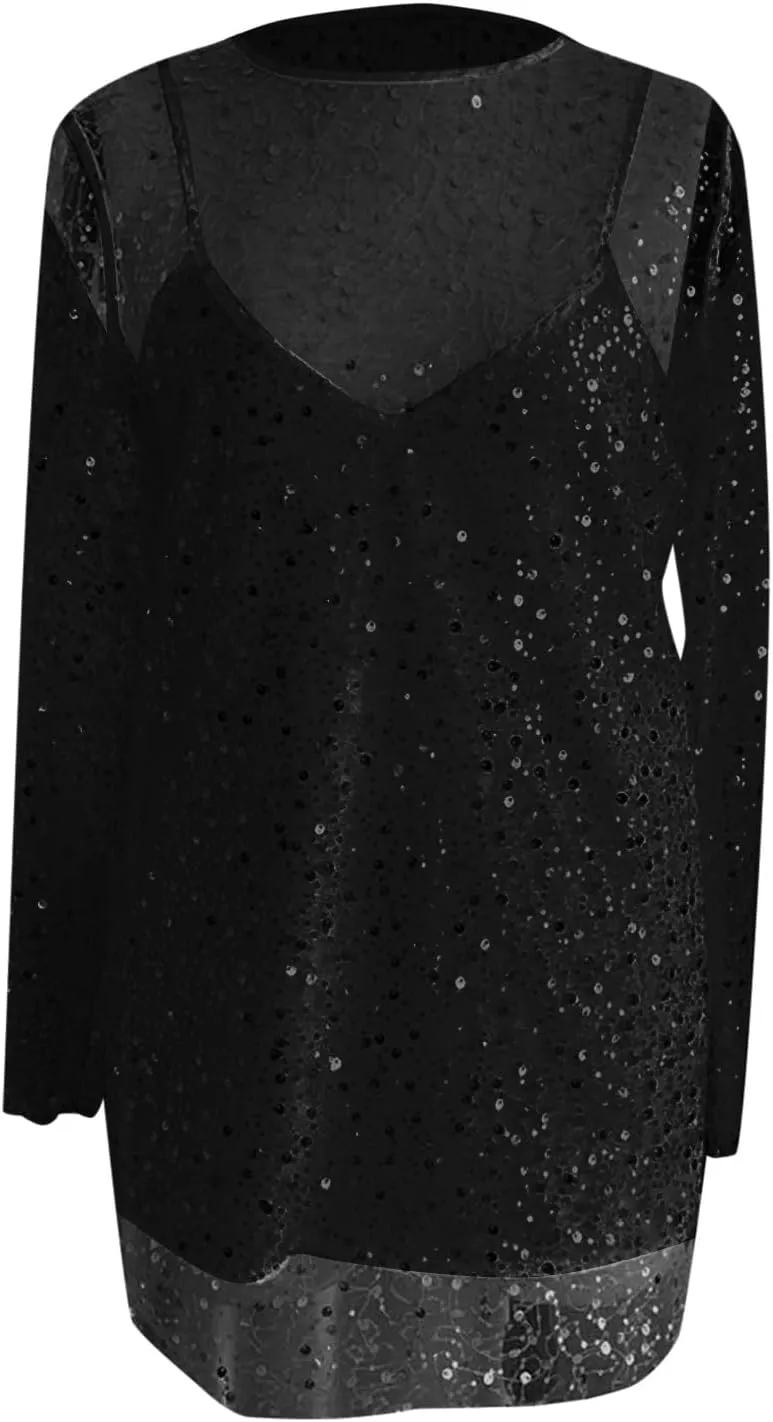 Women's Sequin Skirt Large and Small Beads See Through Mesh Two Piece Suspender Dress Casual Skirts for Women