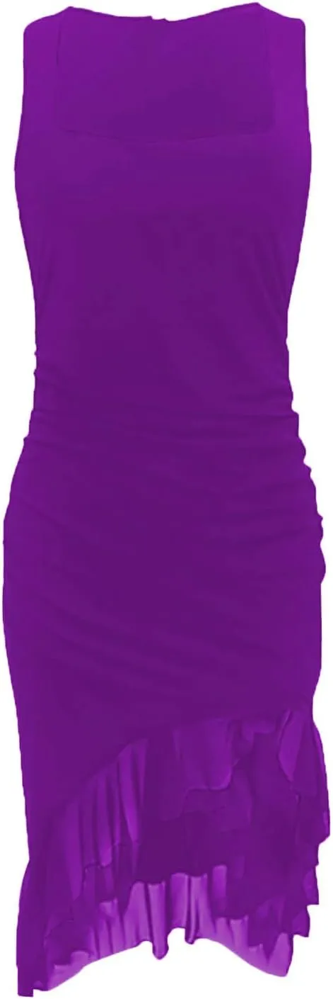 Women's Sexy Ruched Bodycon Midi Dresses Square Neck Sleeveless Side Split Ruffle Hem Cocktail Party Club Dresses