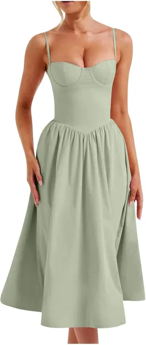 Womens Sexy Square Neck Corset Dress Sleeveless Spaghetti Strap Bustier Midi Dresses Backless Cottagecore Sundresses