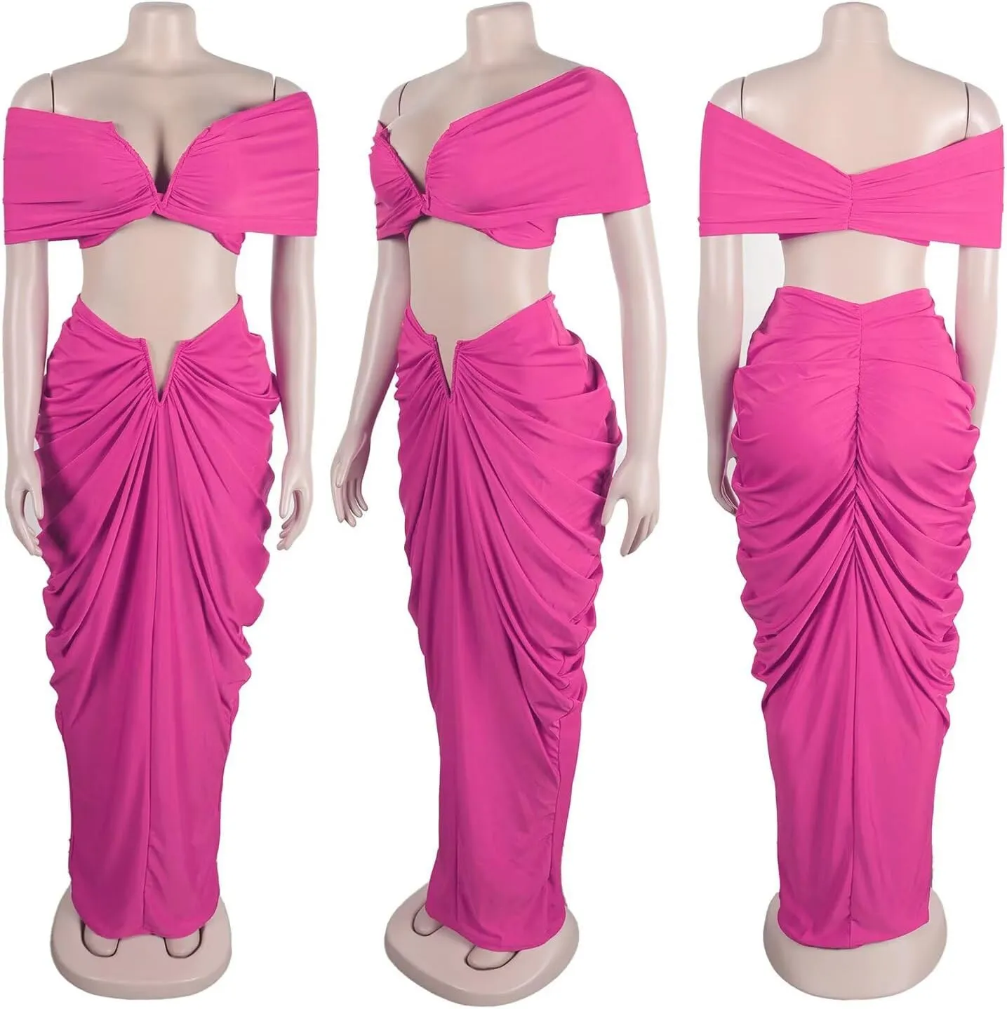 Womens Sexy Tube Tops and Ruched Pleated Skirts 2 Piece Sets Party Club Suits