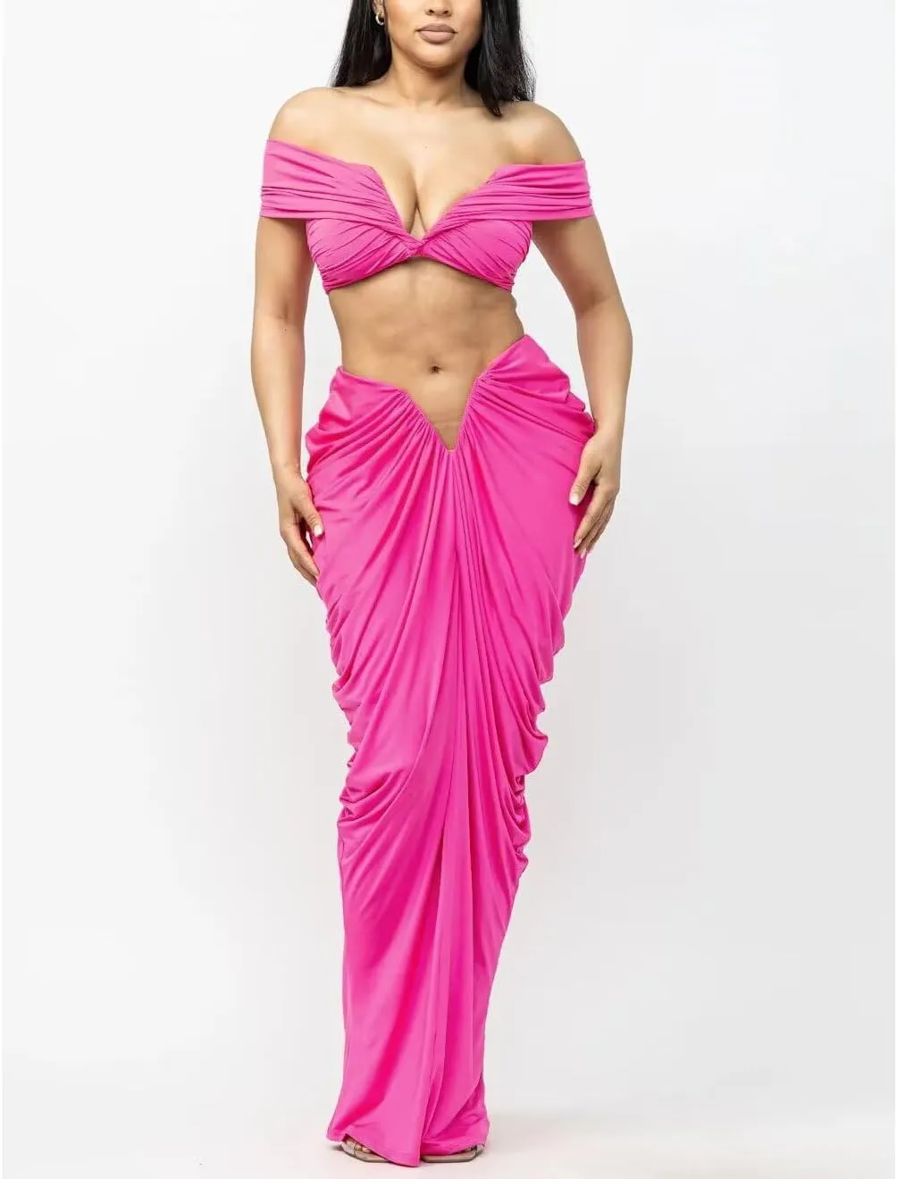 Womens Sexy Tube Tops and Ruched Pleated Skirts 2 Piece Sets Party Club Suits