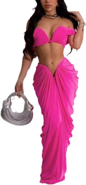 Womens Sexy Tube Tops and Ruched Pleated Skirts 2 Piece Sets Party Club Suits