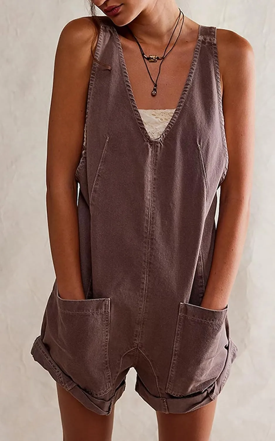 Women's Short Denim Overall Jumpsuits Casual Sleeveless V Neck Rolled Barrel Baggy Jeans Shorts Romper