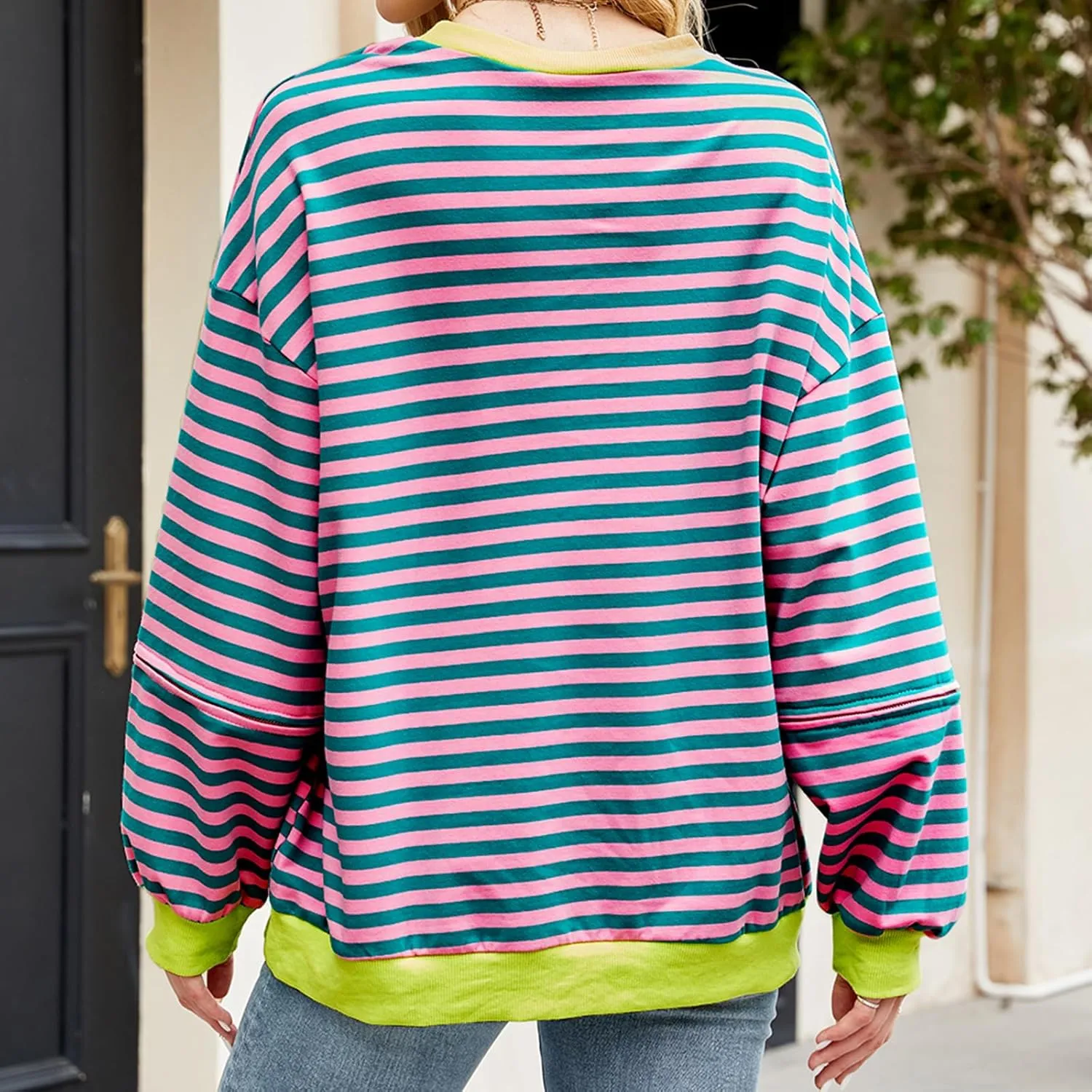 Womens Striped Oversized Sweatshirt Color Block Long Sleeve Crew Neck Sweatshirt Convertible Short Sleeve Pullover Y2K