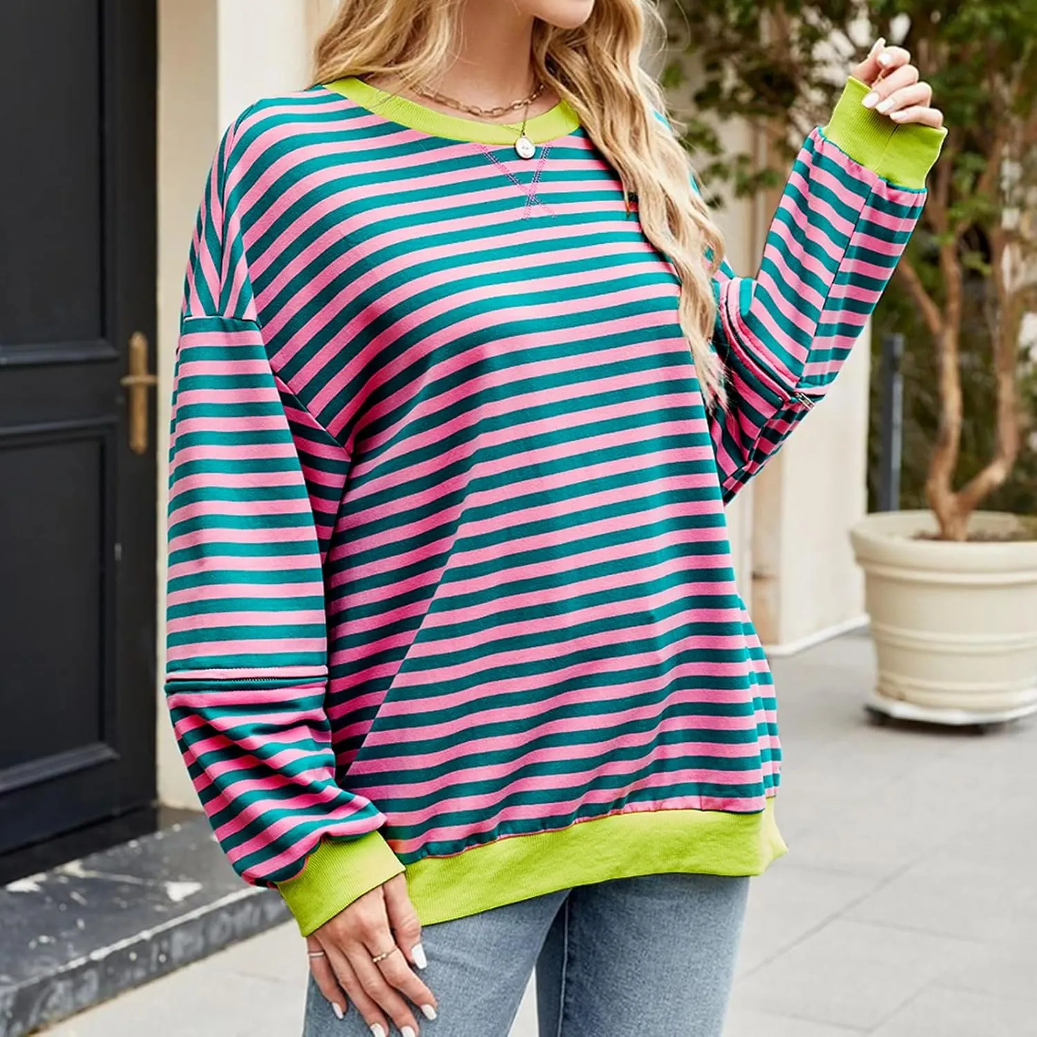 Womens Striped Oversized Sweatshirt Color Block Long Sleeve Crew Neck Sweatshirt Convertible Short Sleeve Pullover Y2K