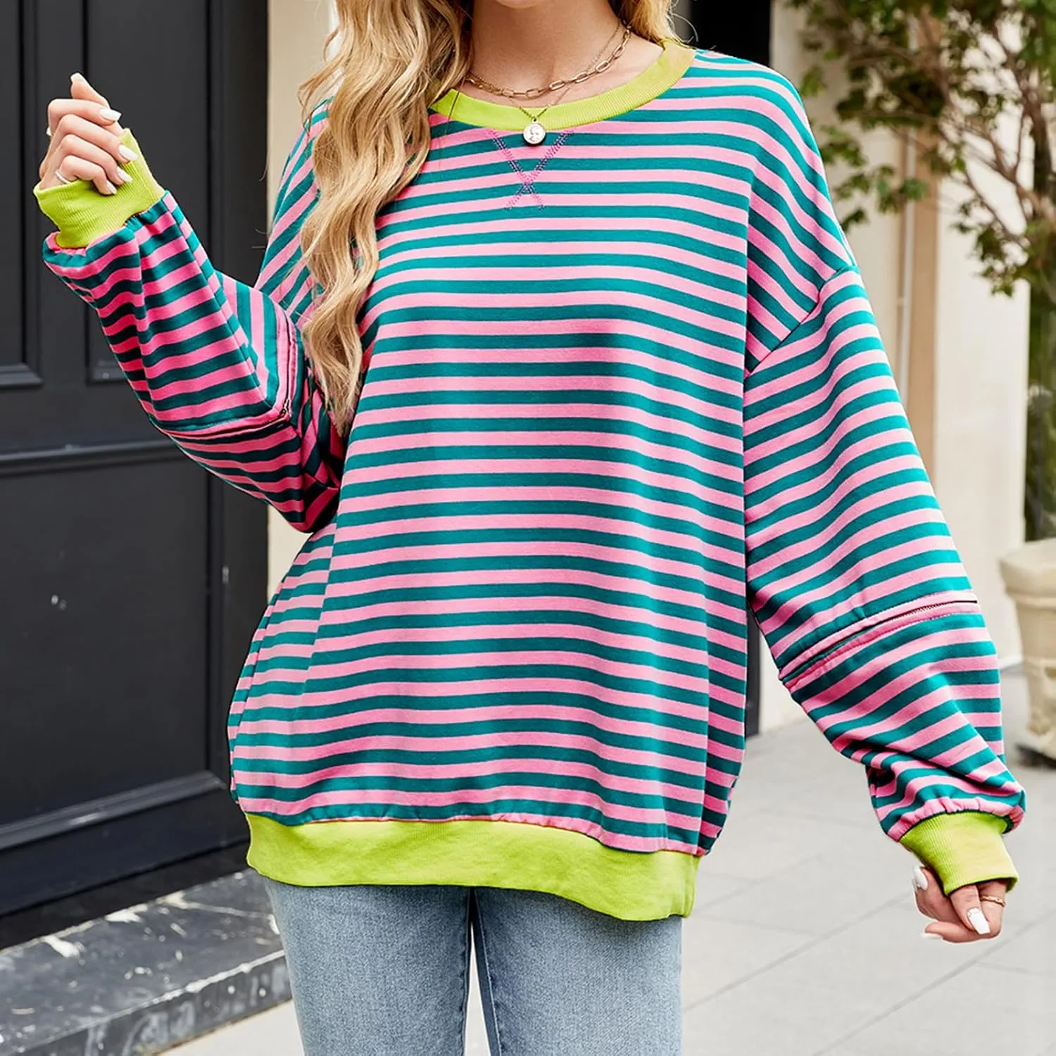 Womens Striped Oversized Sweatshirt Color Block Long Sleeve Crew Neck Sweatshirt Convertible Short Sleeve Pullover Y2K