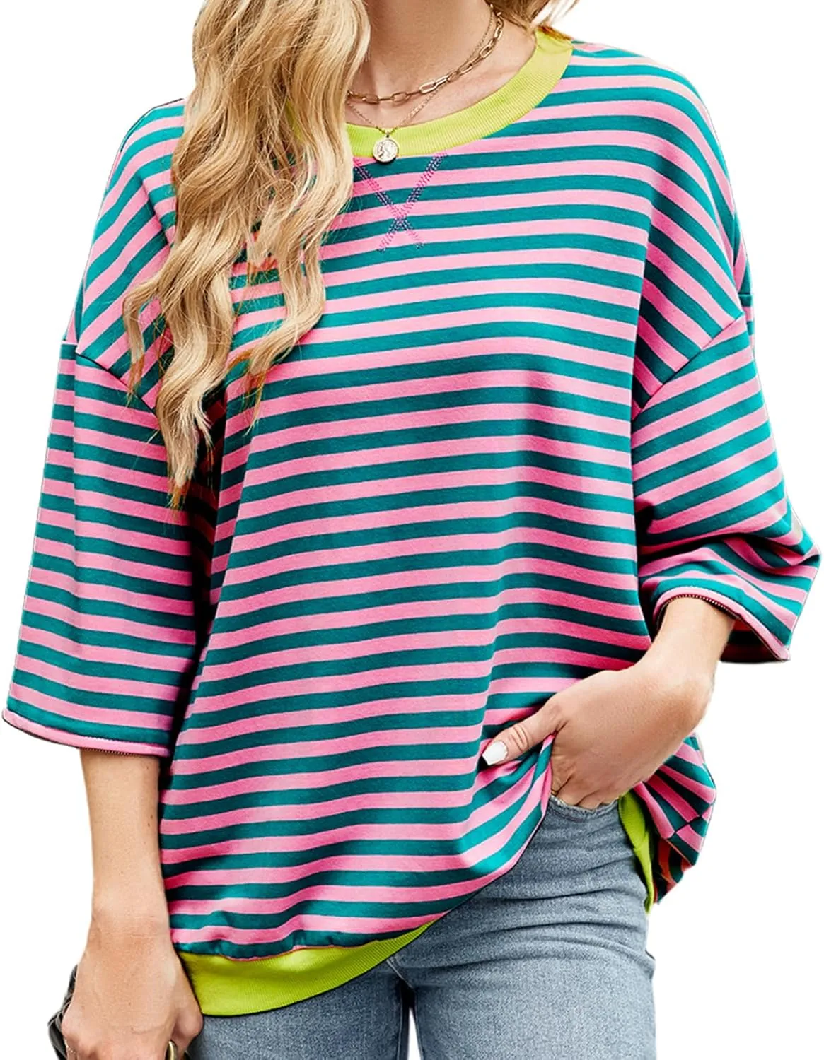 Womens Striped Oversized Sweatshirt Color Block Long Sleeve Crew Neck Sweatshirt Convertible Short Sleeve Pullover Y2K