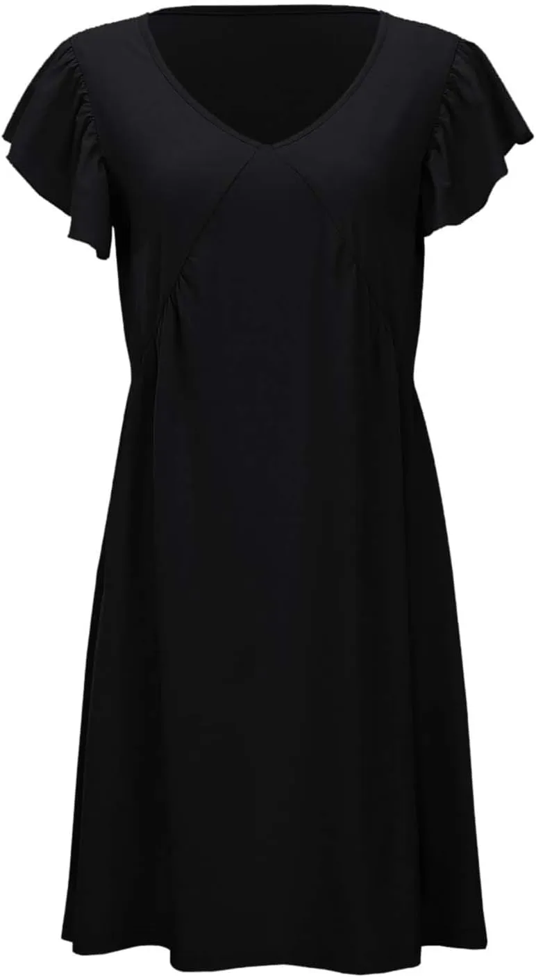 Women's Summer Dresses 2025 Fashion Beach Casual Solid Color Dresses Deep V Neck Loose Sundress Ruffle Sleeve Mini Dress