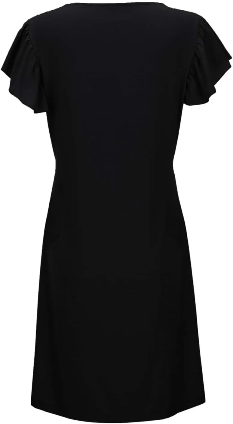 Women's Summer Dresses 2025 Fashion Beach Casual Solid Color Dresses Deep V Neck Loose Sundress Ruffle Sleeve Mini Dress