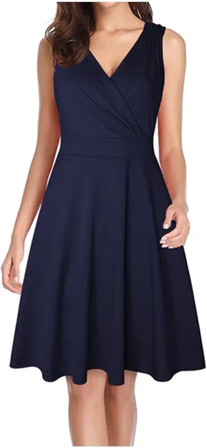 Womens Summer Dresses Fashion V Neck Solid Color Sleeveless Sexy Dress High Waisted Zip Up Casual Summer Midi Dress