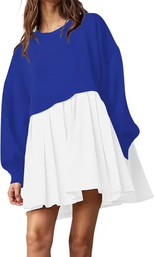 Womens Summer Dresses Oversized Sweatshirt Dress Neck Long Sleeve Patchwork Pullover Tops Sweatshirt Dress