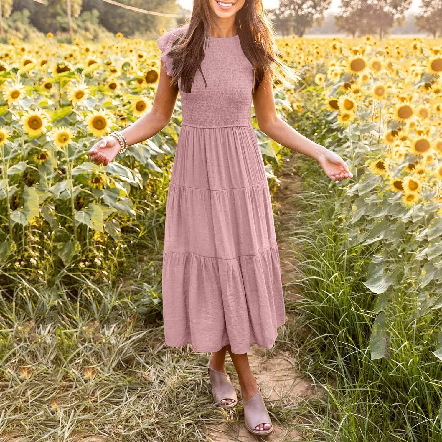 Women's Summer Floral Boho Dress Wrap V Neck Short Sleeve Ruffle A-Line Flowy Maxi Wedding Guest Dresses